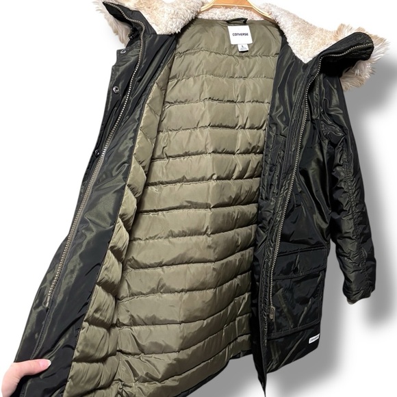 Converse Olive Green Down Winter Parka Coat with Faux Fur Hood Size Large - Picture 3 of 8